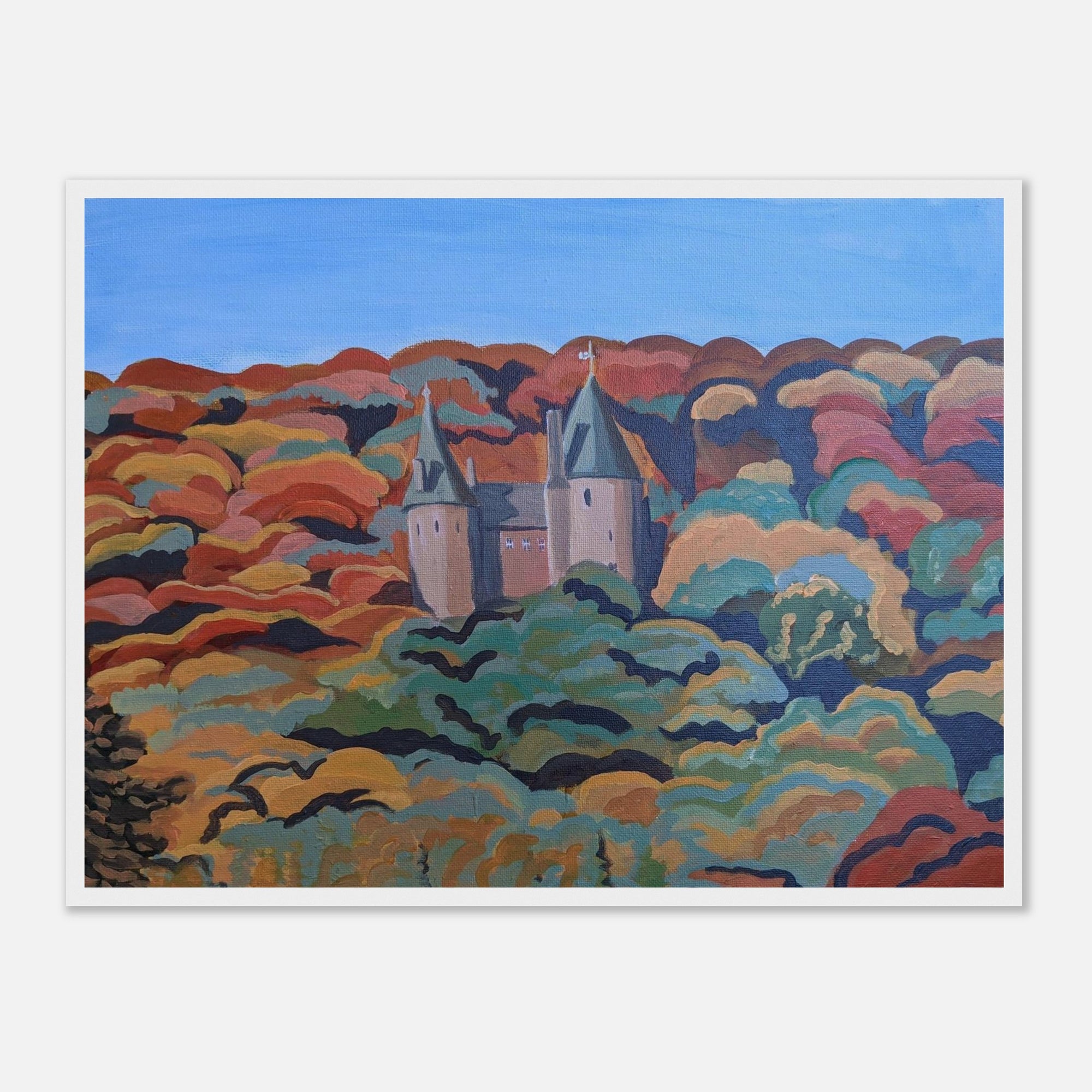 Colorful abstract landscape art print with a castle-like structure in the center.