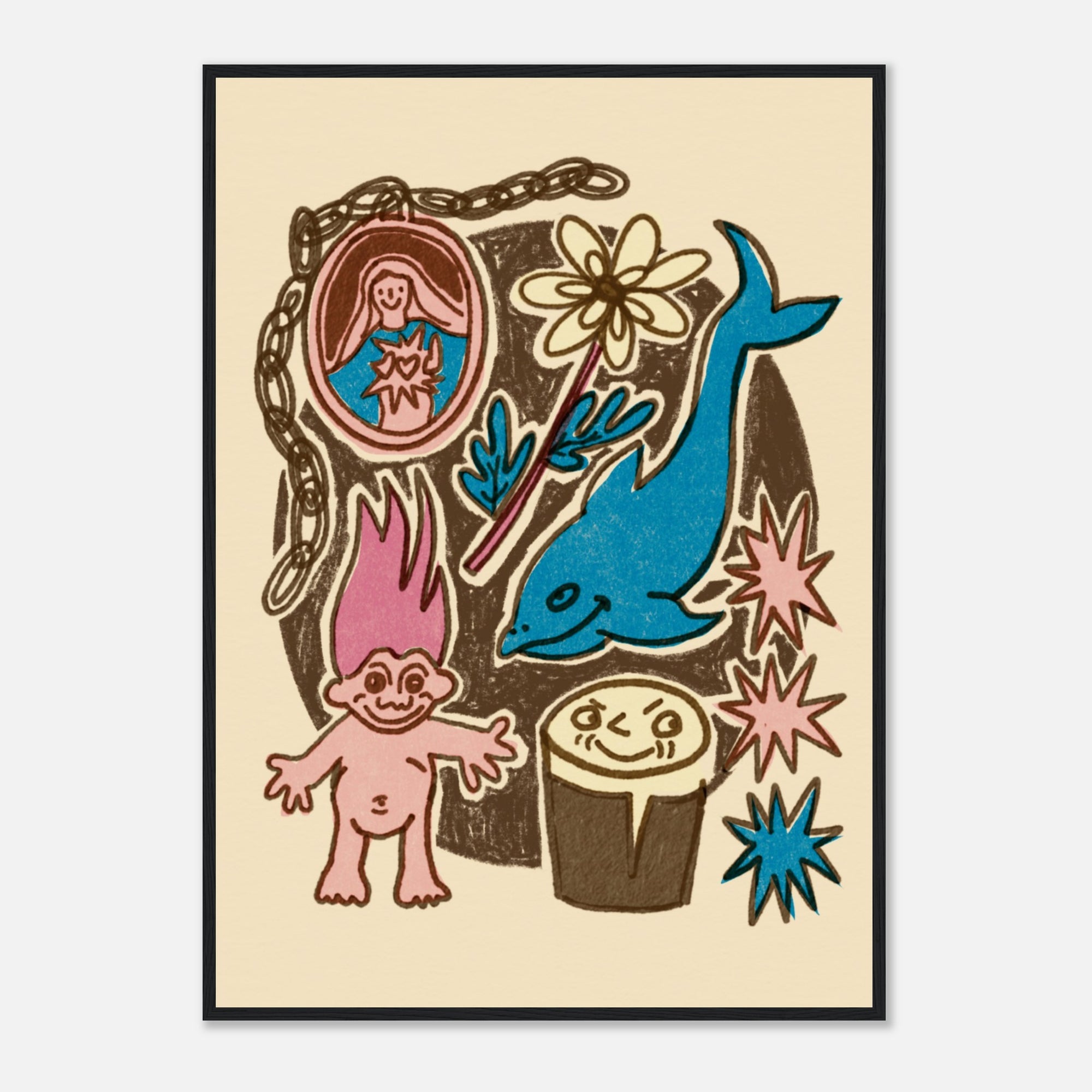 Illustration of a pink troll, blue dolphin, guinness and other elements on a beige background