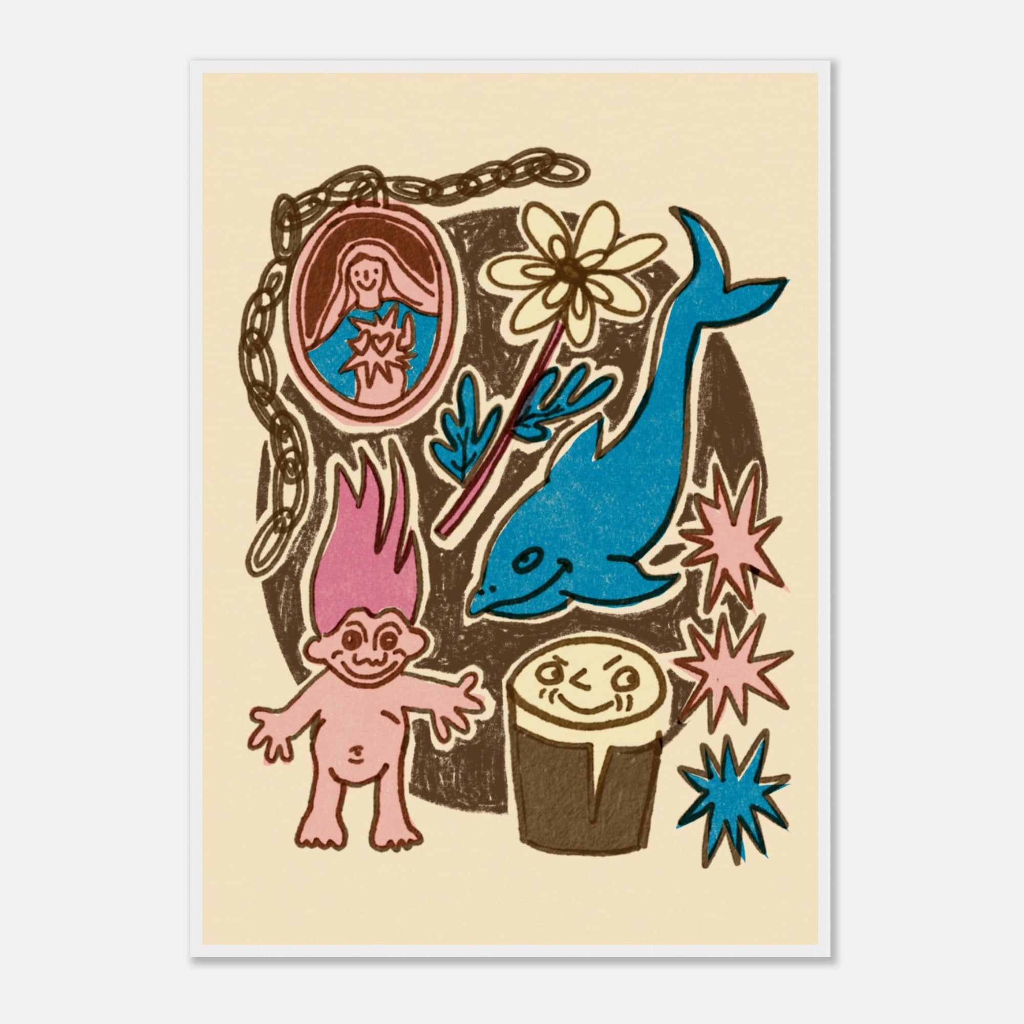 Illustration of a pink character, blue dolphin, and other elements on a beige background