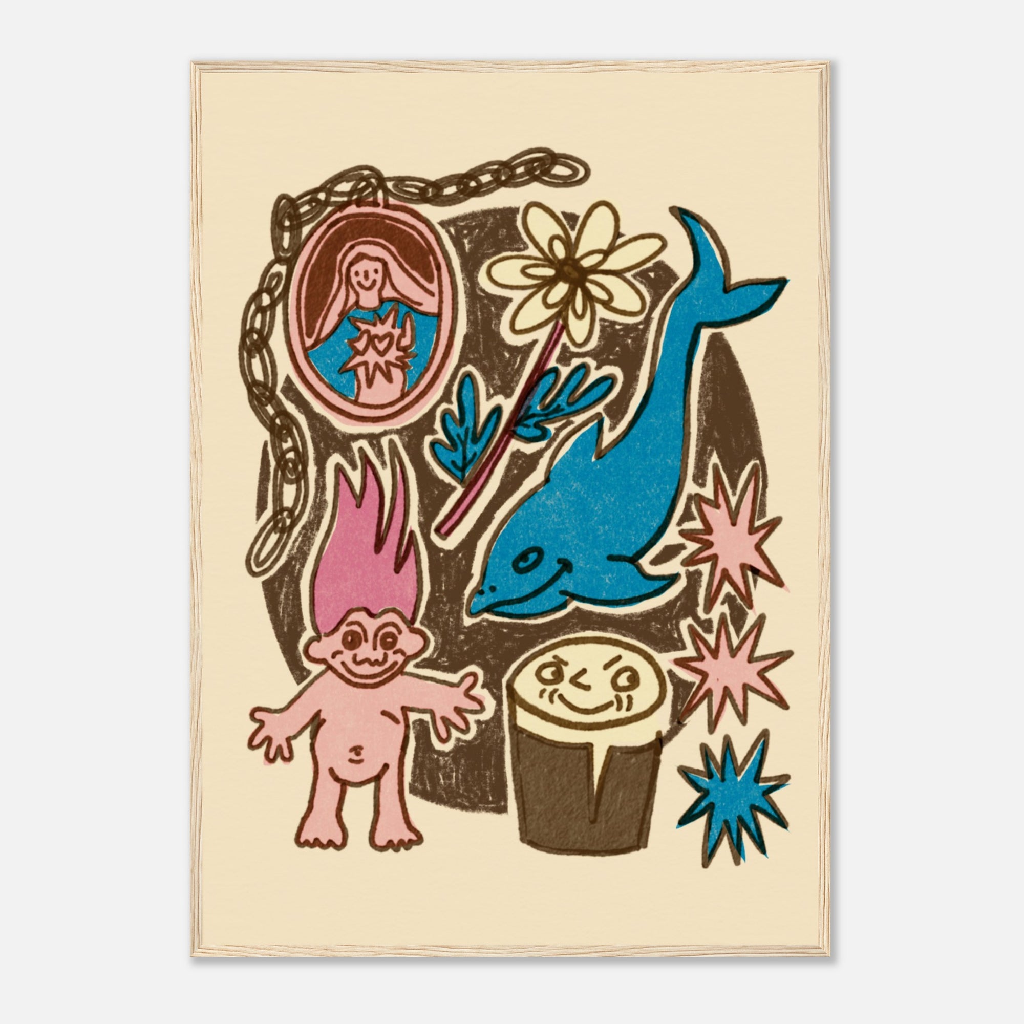 Illustration of a pink character, blue dolphin, and other elements on a beige background