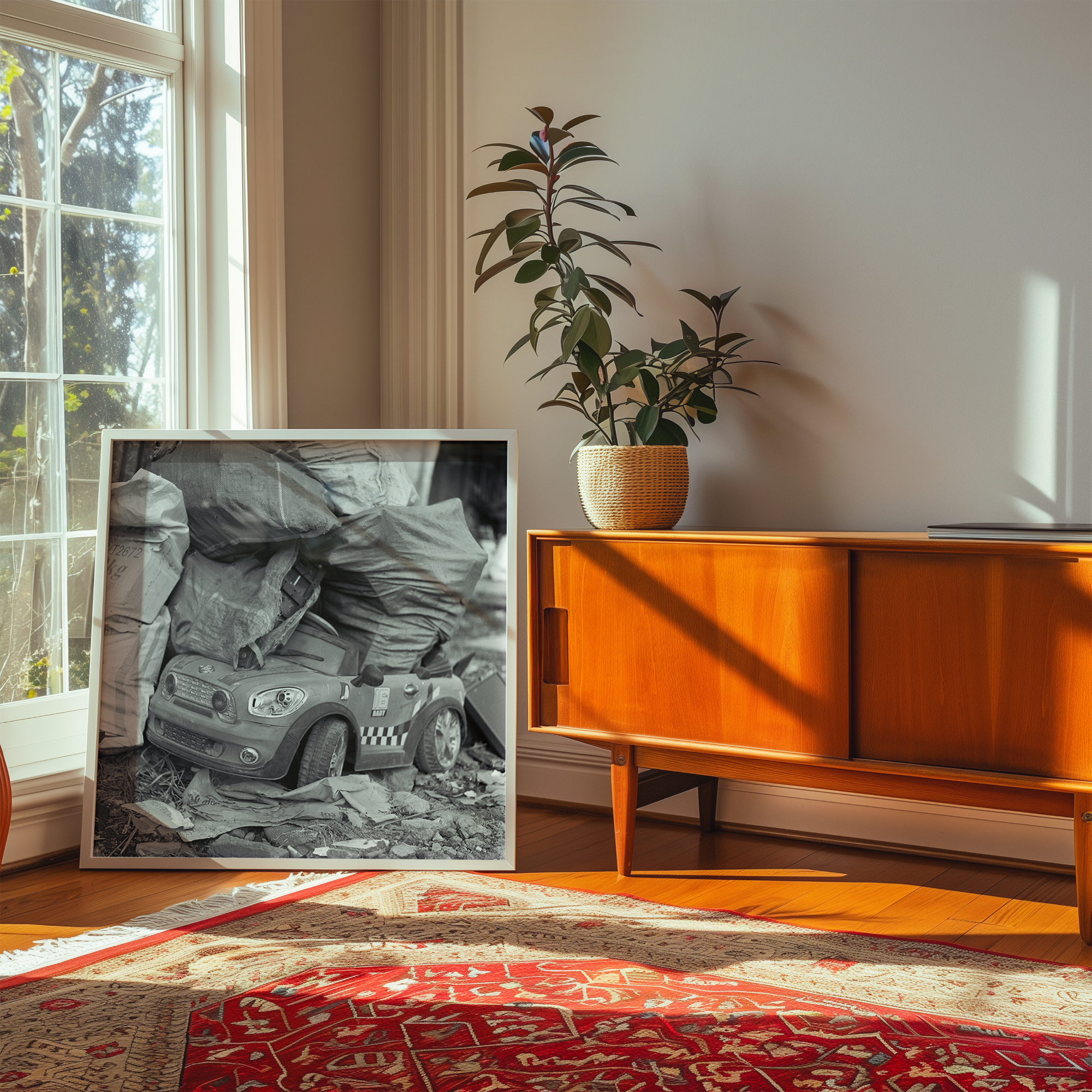 Room interior with a wooden sideboard, plant, and framed artwork on a wall.
