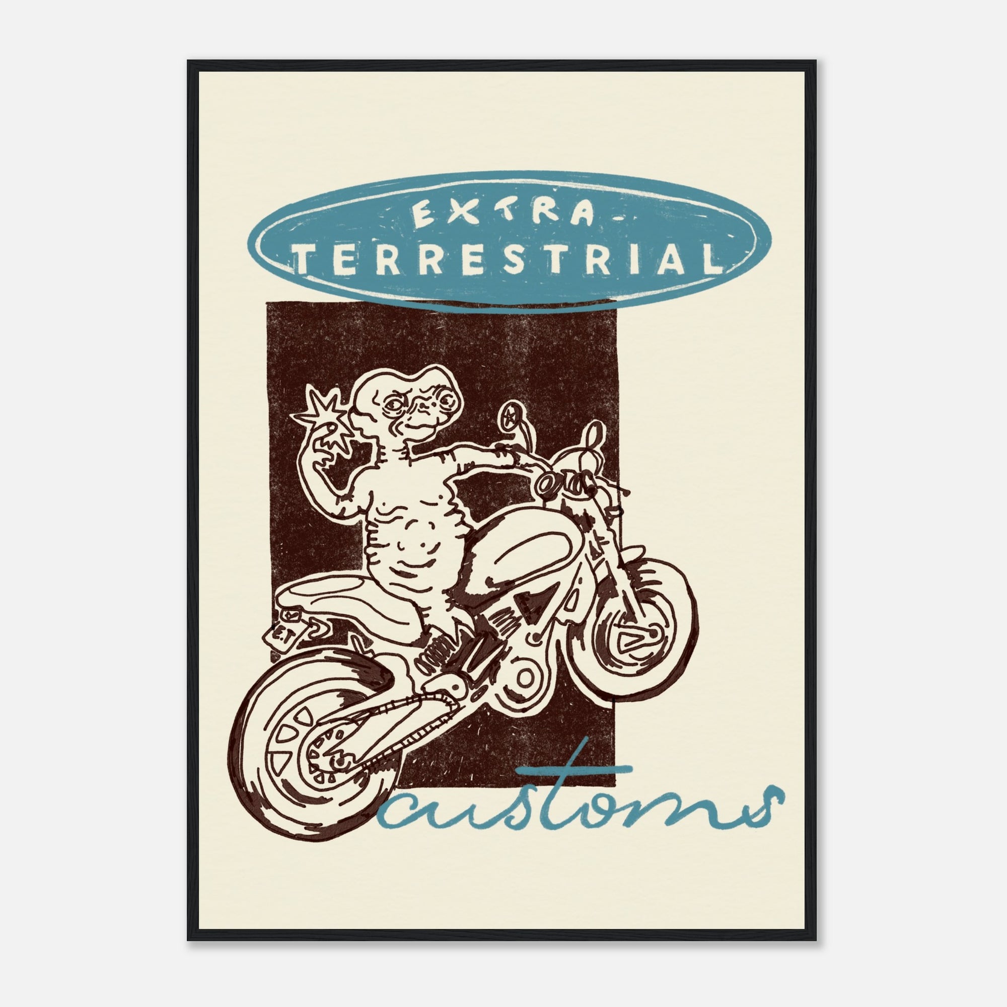 Framed poster with a design of a character on a motorcycle and text 'Extra-Terrestrial Customs' on a beige background.