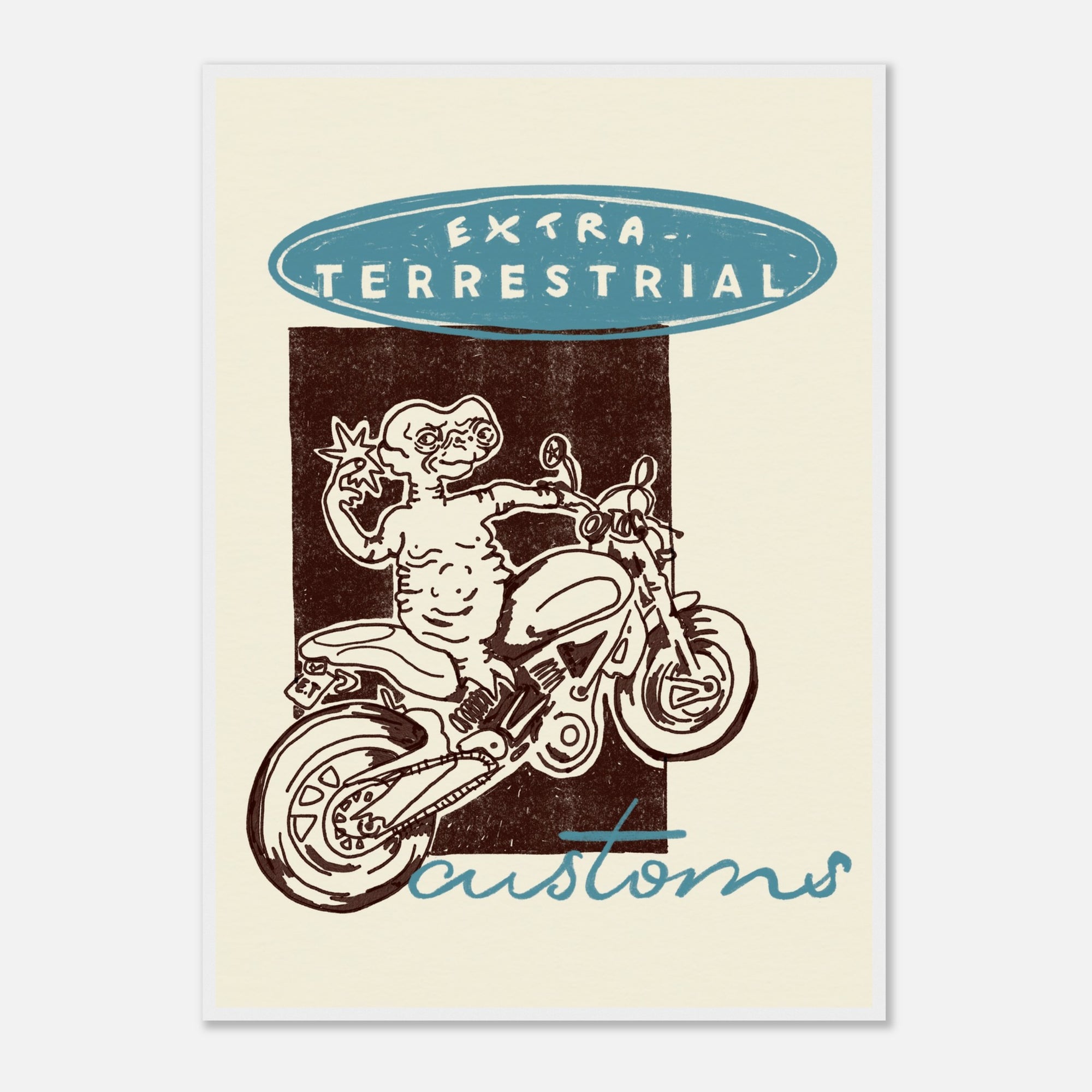 Poster with a vintage-style illustration of a character on a motorcycle, labeled 'Extra-Terrestrial Customs' on a beige background.