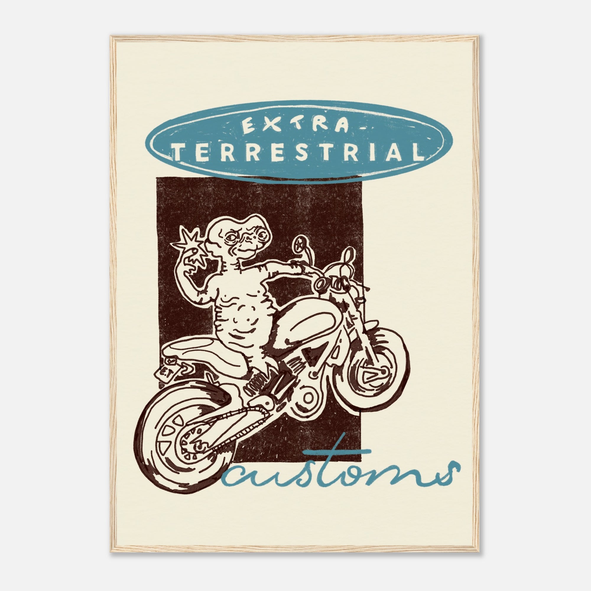 Poster with a design of a character on a motorcycle and text 'Extra-Terrestrial Customs' on a beige background.