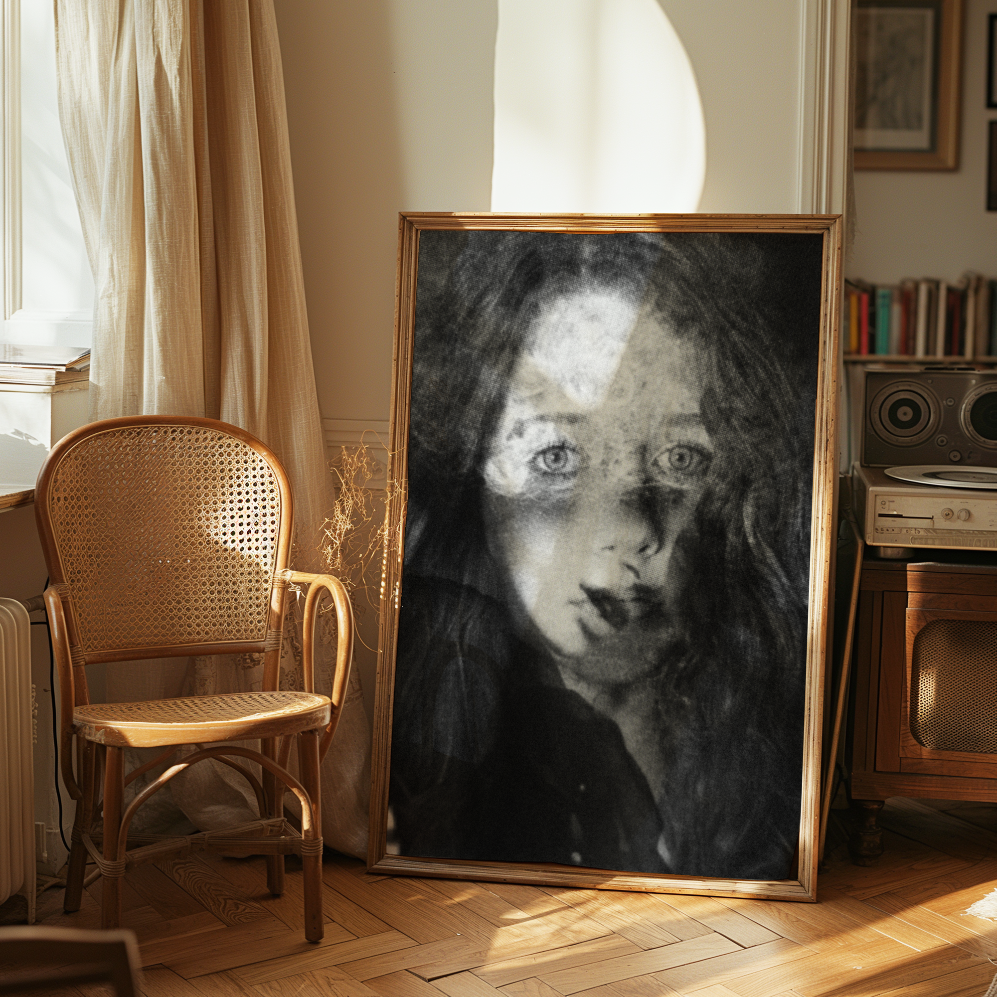 Framed portrait of a woman in a room with a chair and vintage decor.