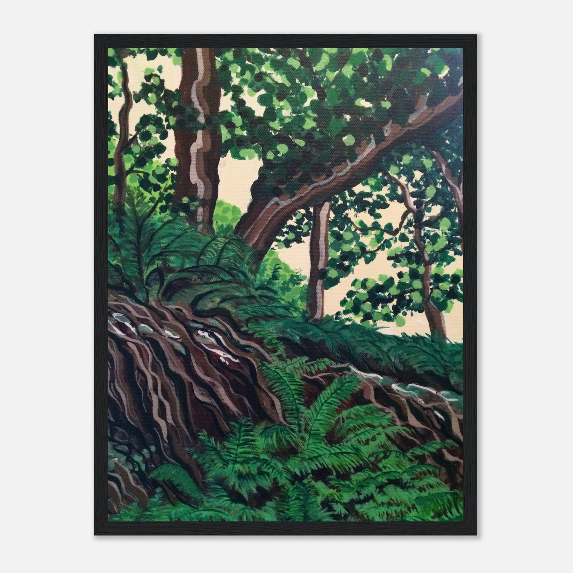 Black framed artwork of a lush forest scene with green trees and roots.