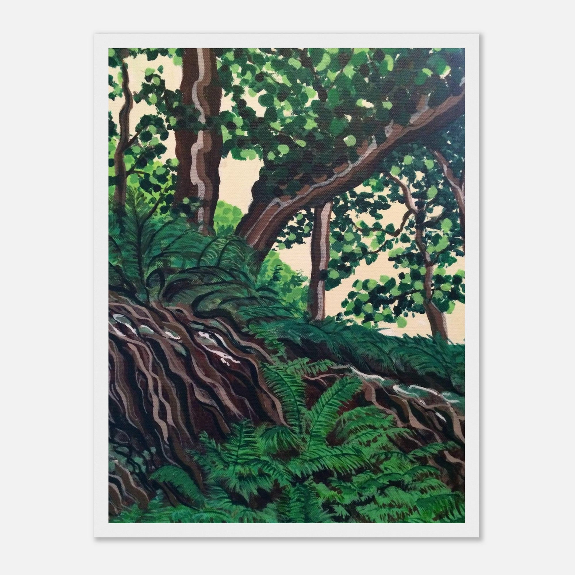 Framed artwork of a lush forest scene with green trees and roots.