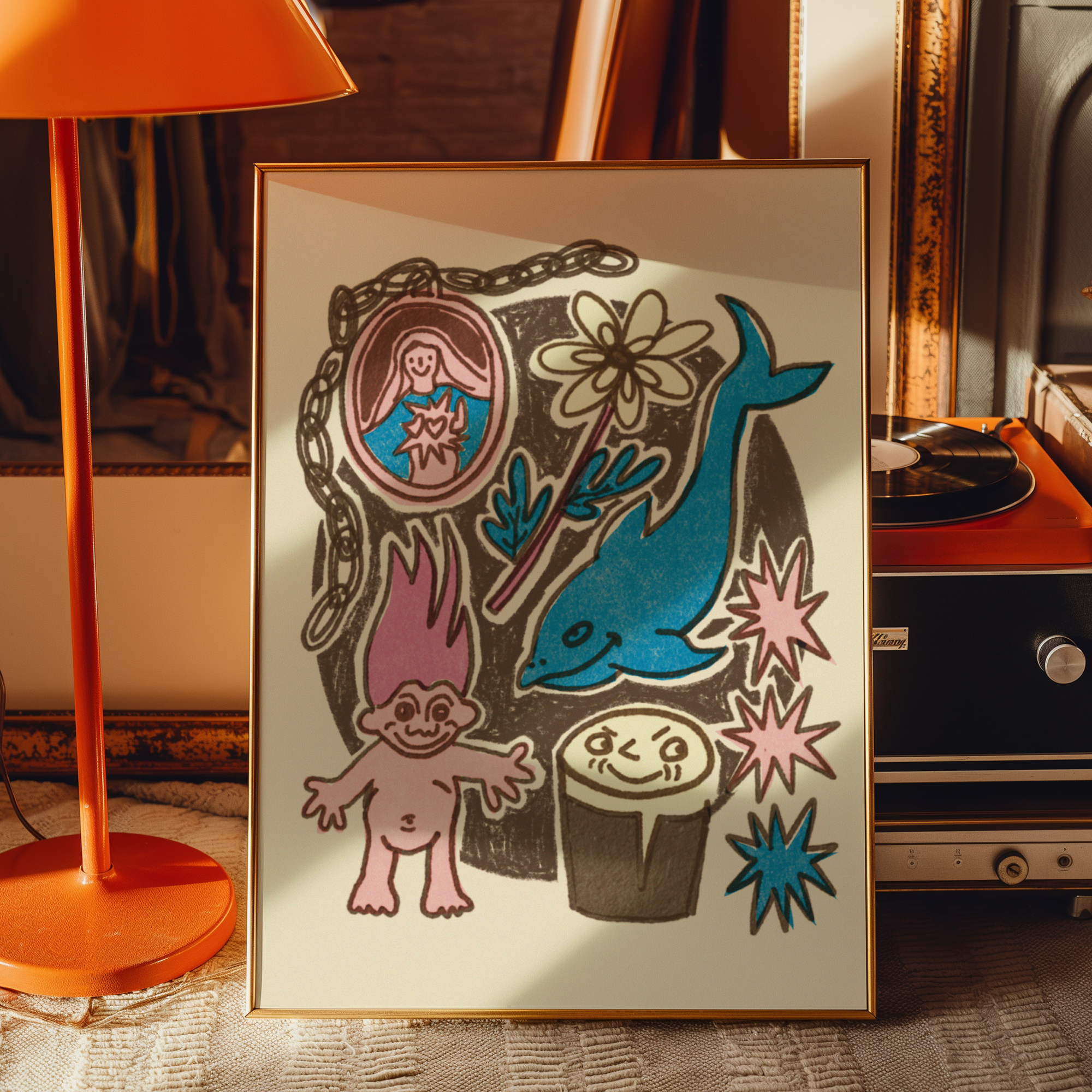 Framed artwork with colorful illustrations of a dolphin, flower, and other elements on a textured surface.