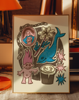 Framed artwork with colorful illustrations of a dolphin, flower, and other elements on a textured surface.