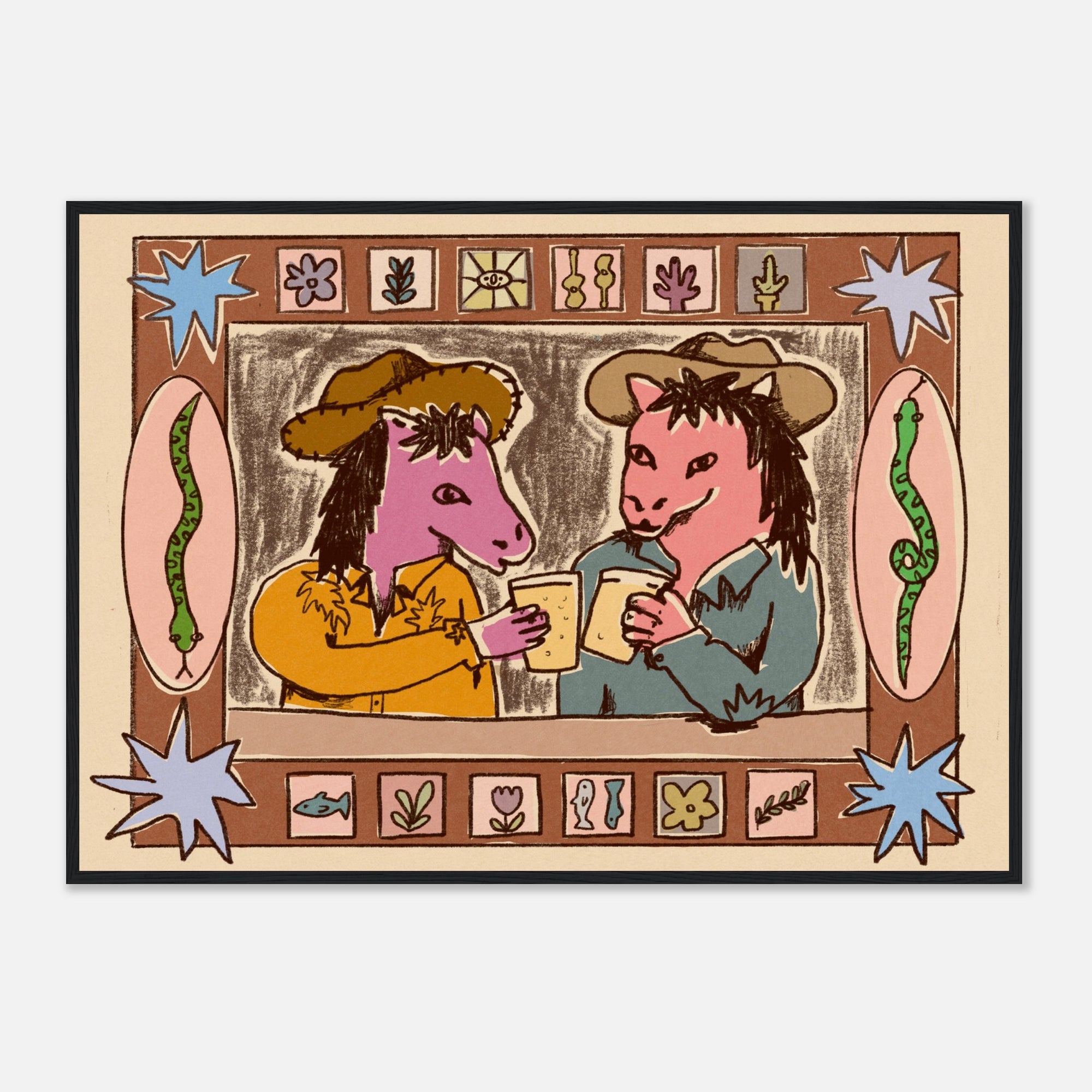 Illustration of two animal characters drinking from cups in a framed setting with decorative elements.