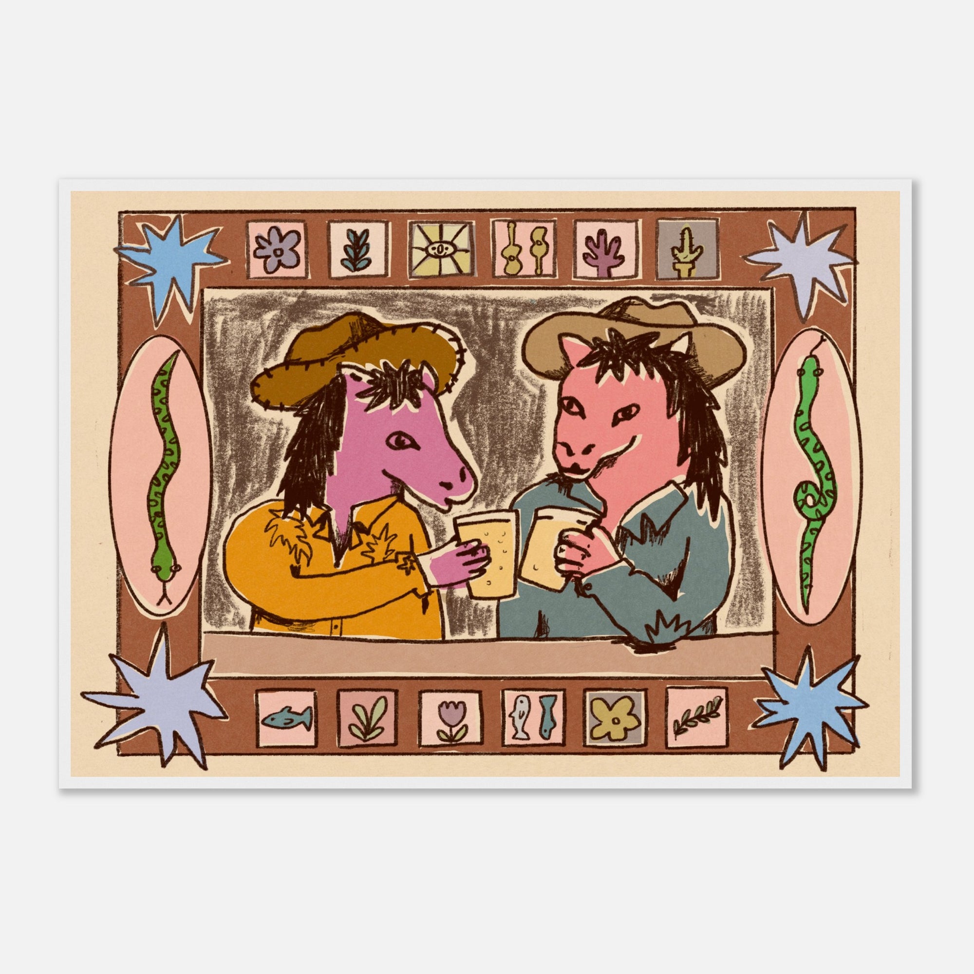 Illustration of two animal characters, one pink and one brown, sitting at a table with drinks, framed by decorative elements.