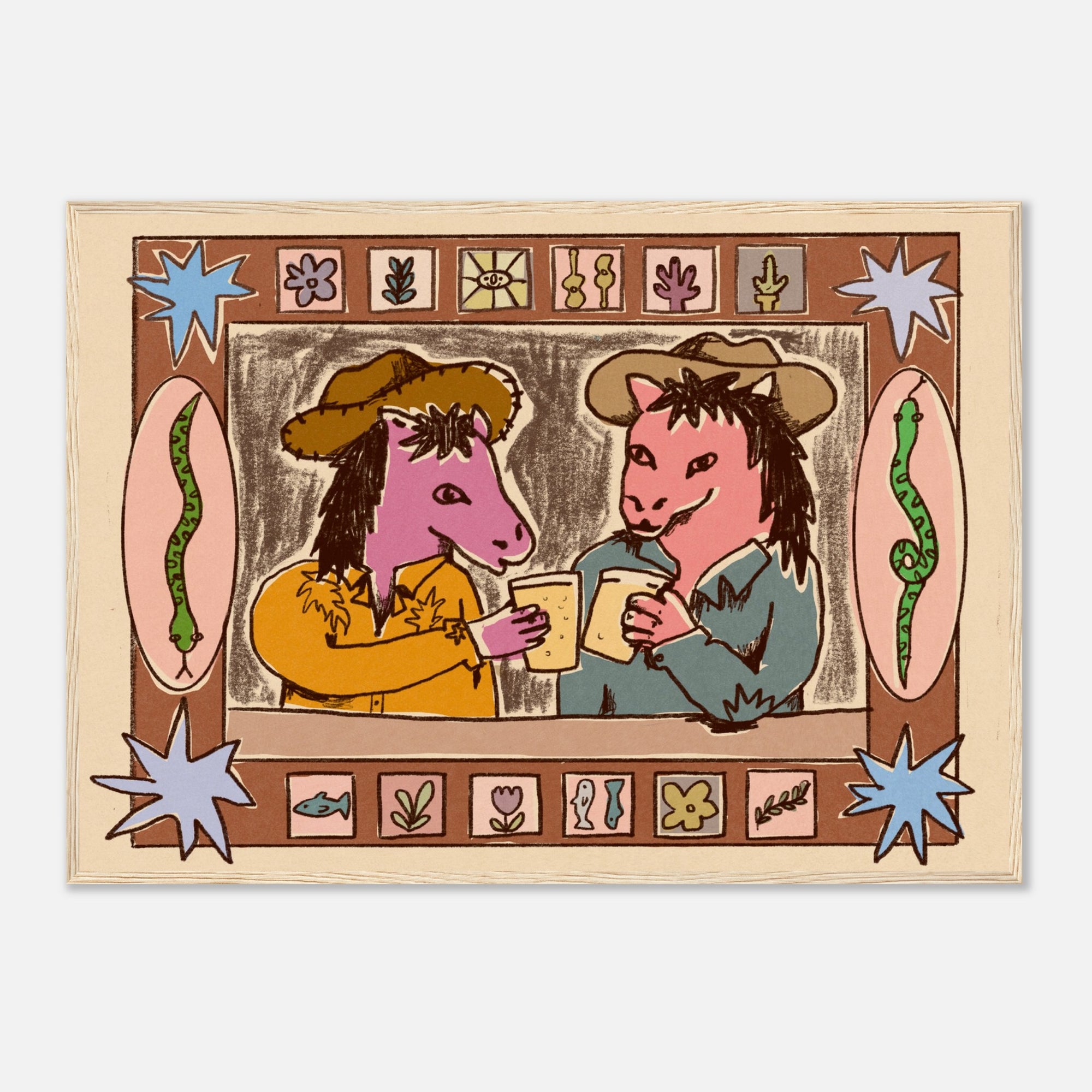 Illustration of two animal characters drinking from cups in a framed setting with decorative elements.