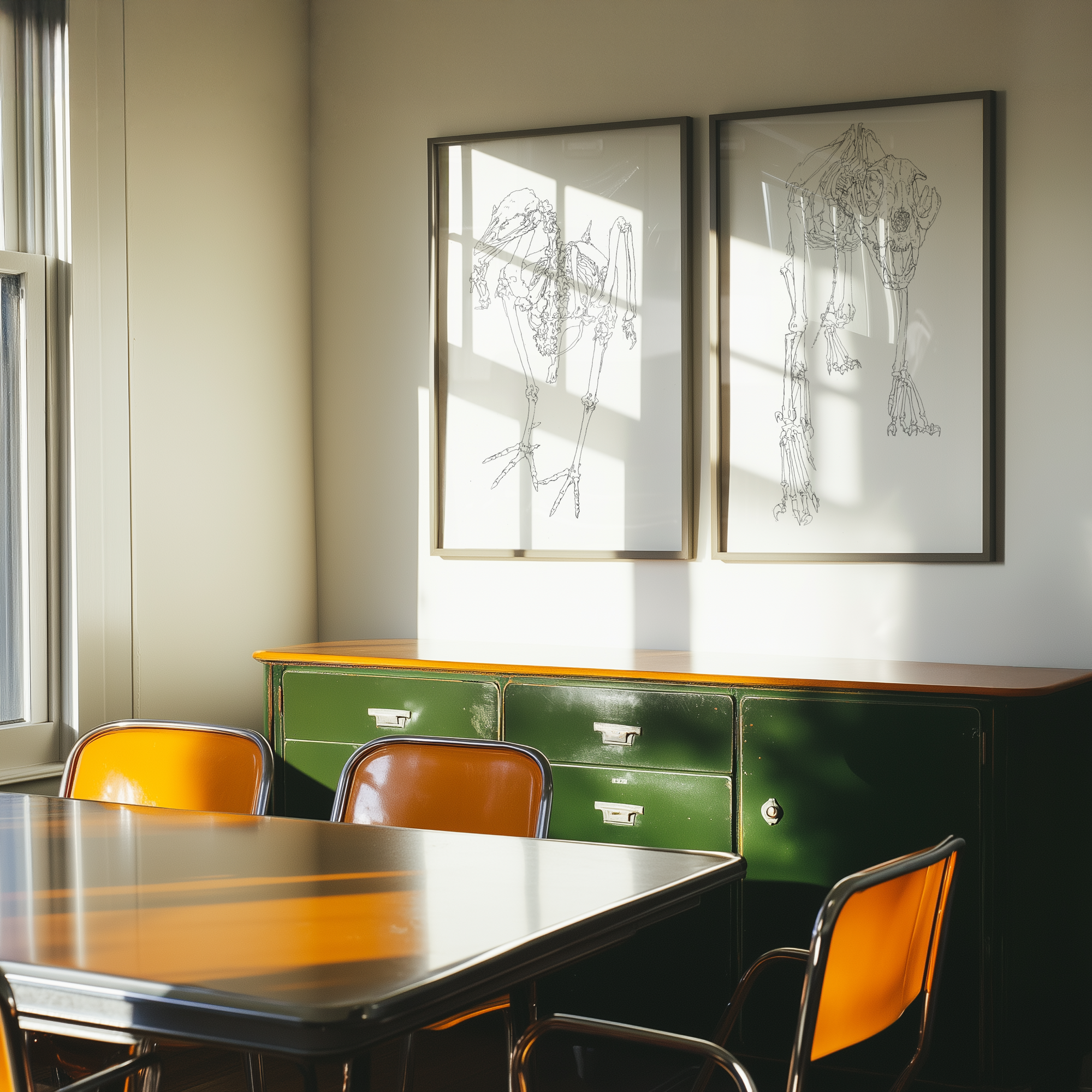 Retro dining room with green sideboard and orange chairs, framed artwork on the wall.