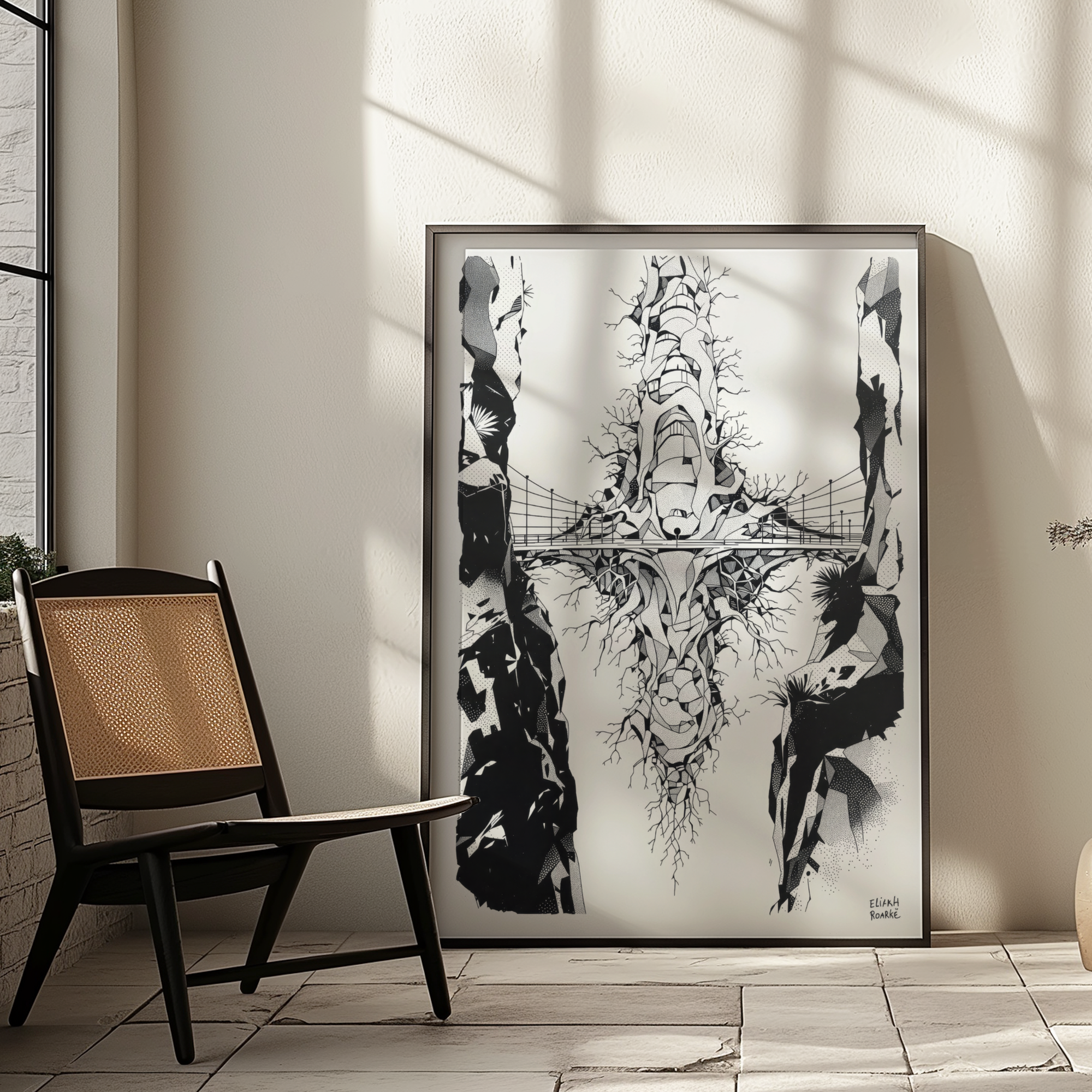 Framed black and white abstract artwork on a wall with a chair and light fixture in the foreground.