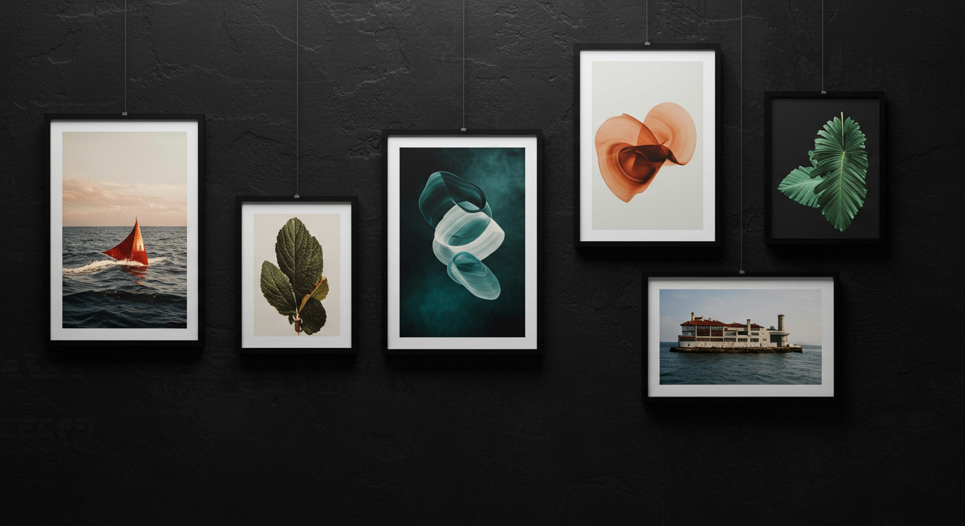 black gallery wall, minimal prints, calming art, nature art, nature prints