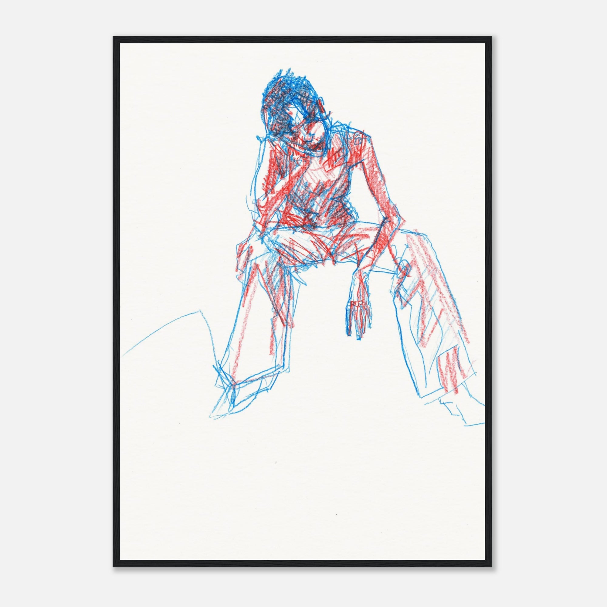 Framed abstract artwork of a person sitting with blue and red lines on a white background