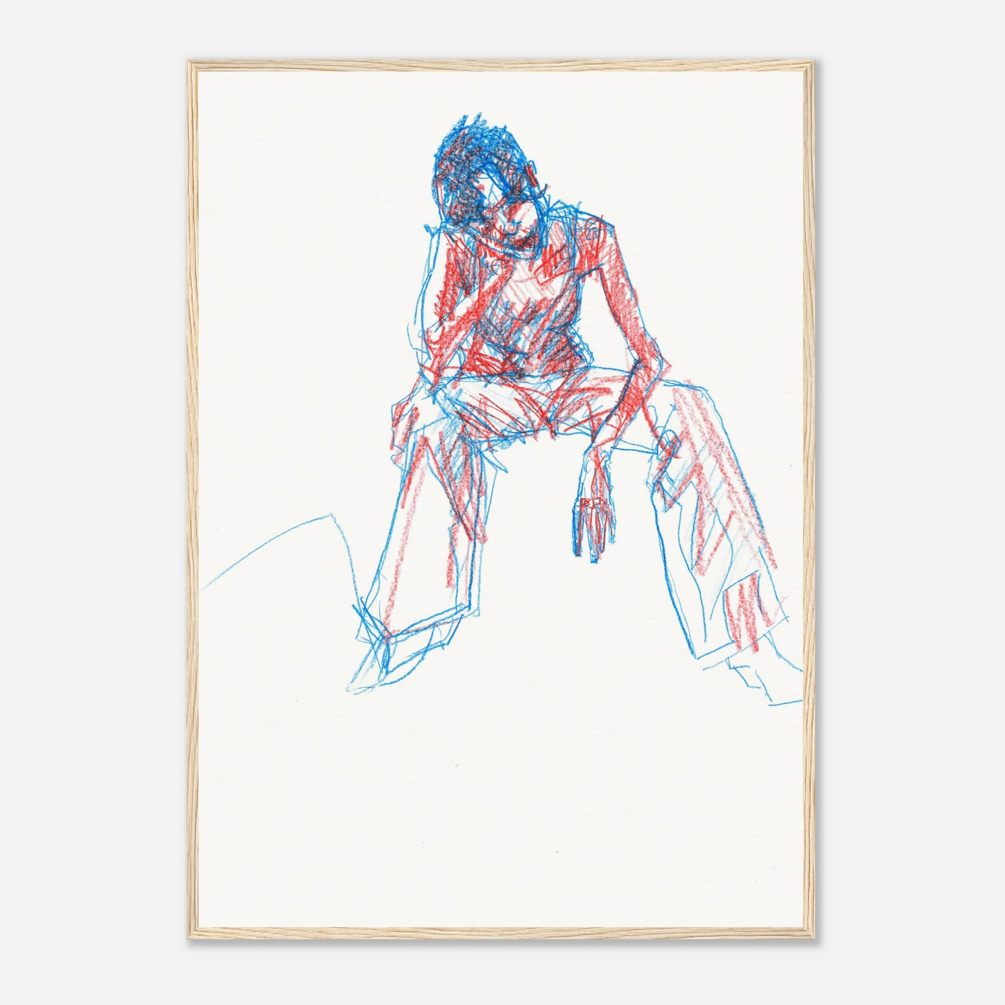 Framed artwork of a colorful life drawing of a person sitting 
