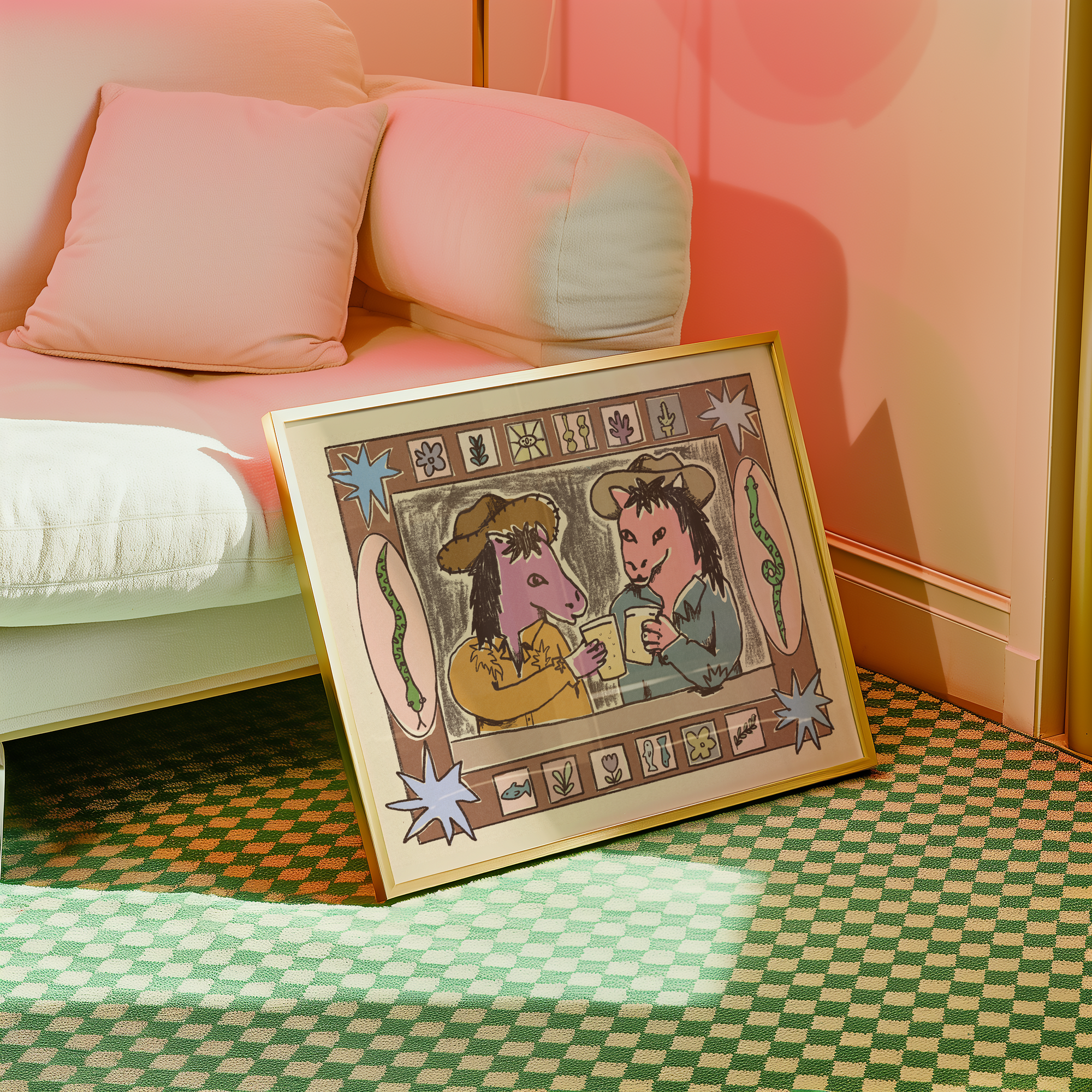 Framed artwork of two characters with a pink couch and green checkered floor in the background