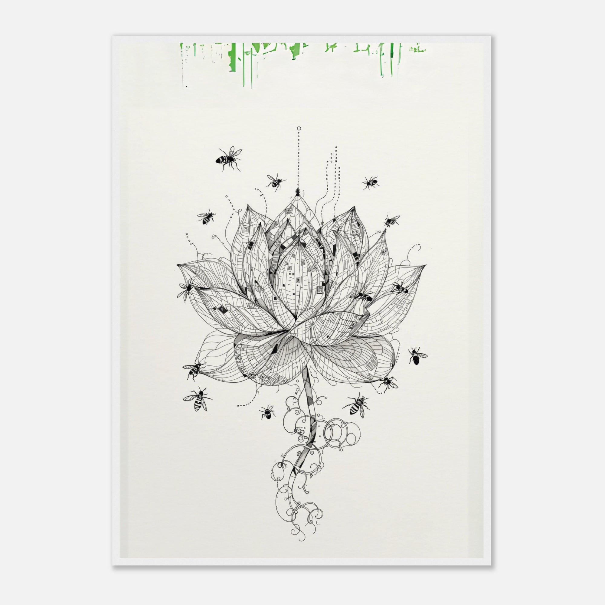 Black line art of a lotus flower with insects on a white background
