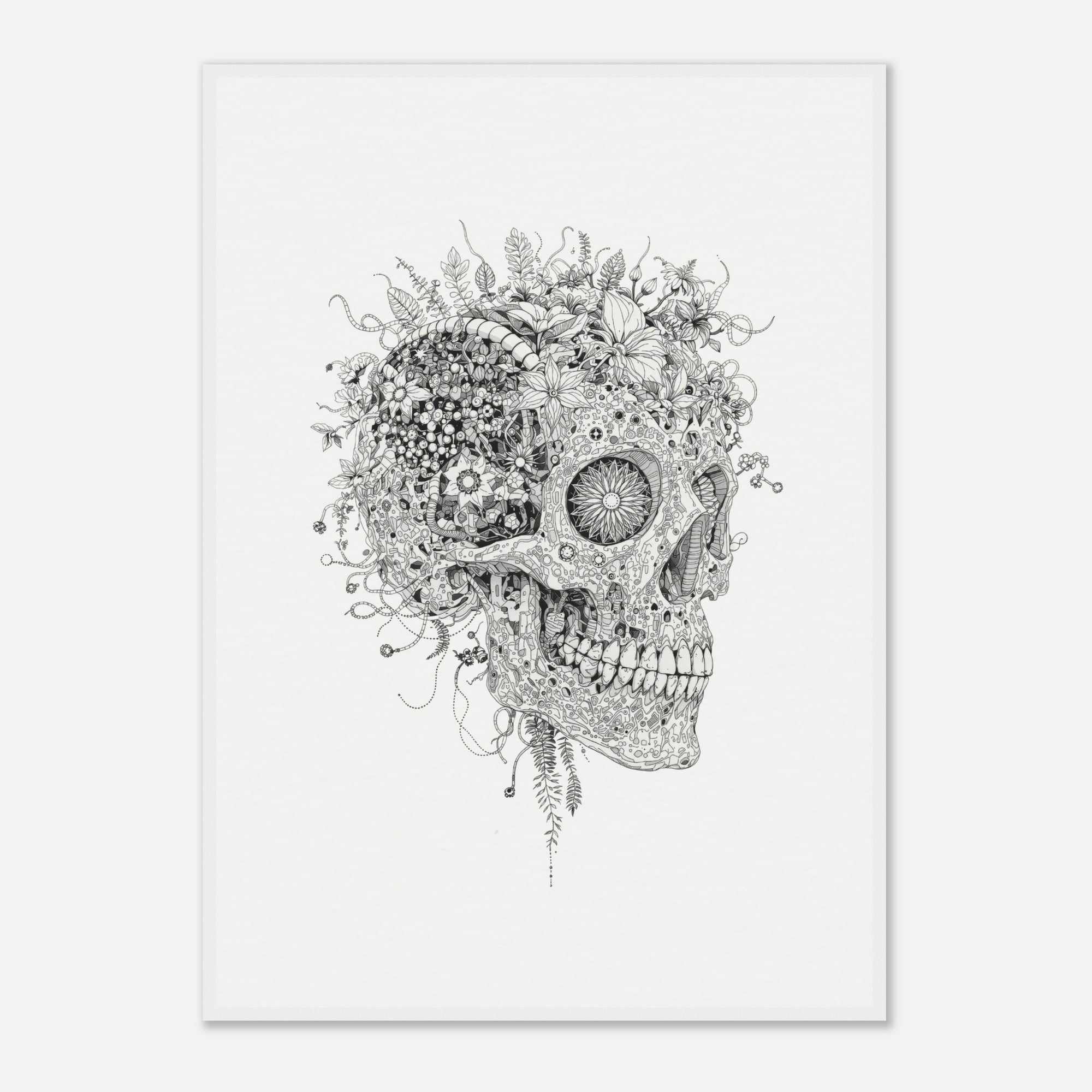 Framed artwork of a skull with flowers and plants growing out of it on a white wall.