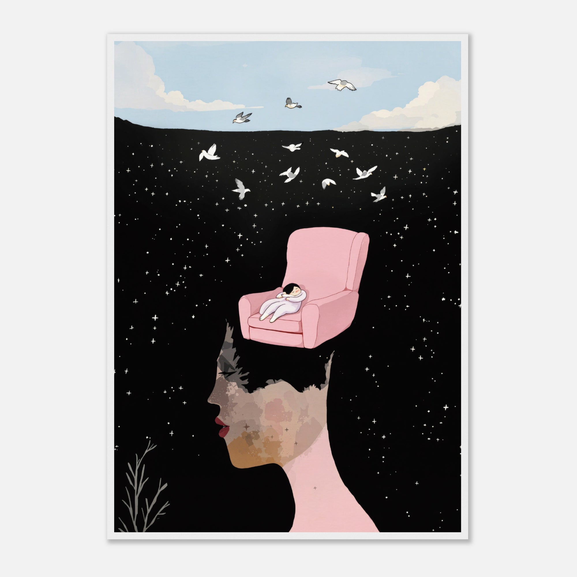 Framed artwork of a woman with a pink chair on her head against a starry night sky.