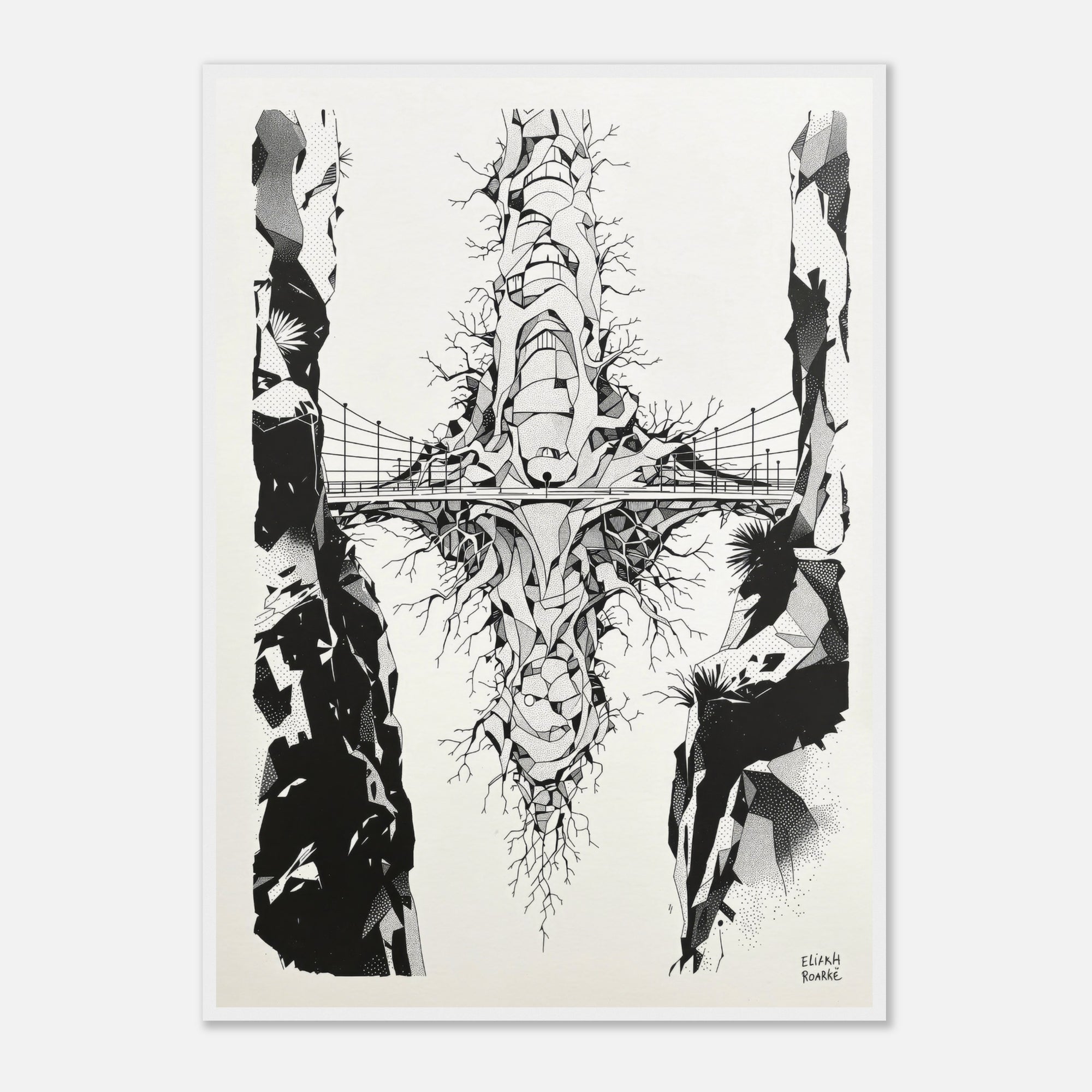 Black and white abstract art print with a bridge and natural elements on a beige background