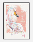 Framed artwork of a colorful swan on a pink background