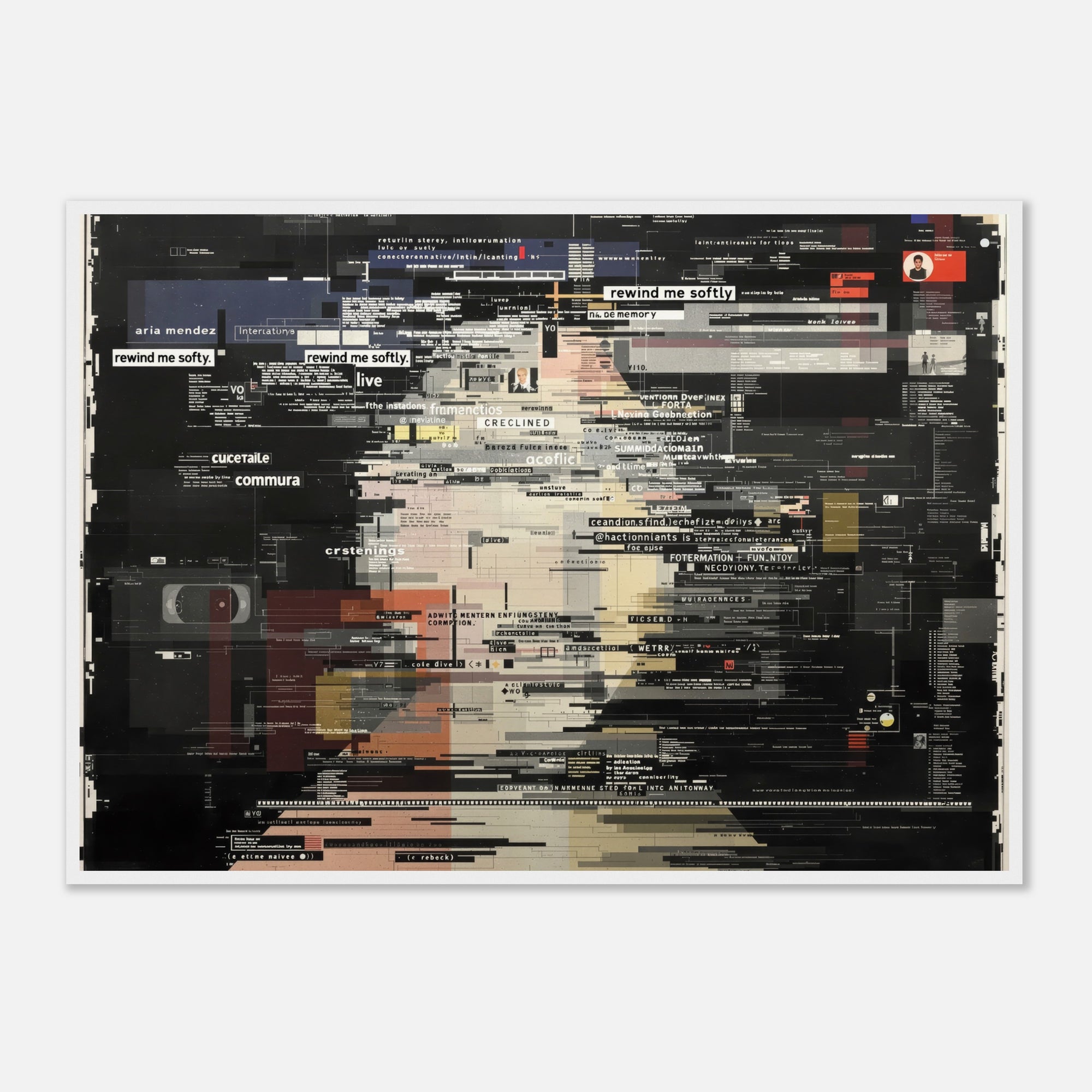 White framed collage print of glitching dark colors and text on a white wall