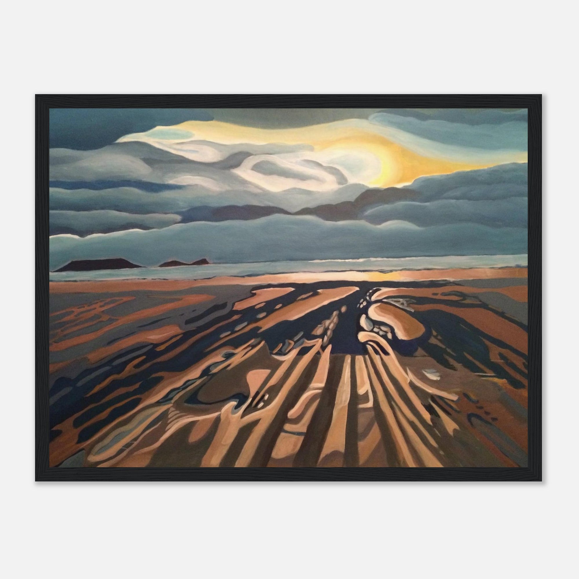 Framed artwork of a stylized welsh landscape with a sun and mountains on a white background