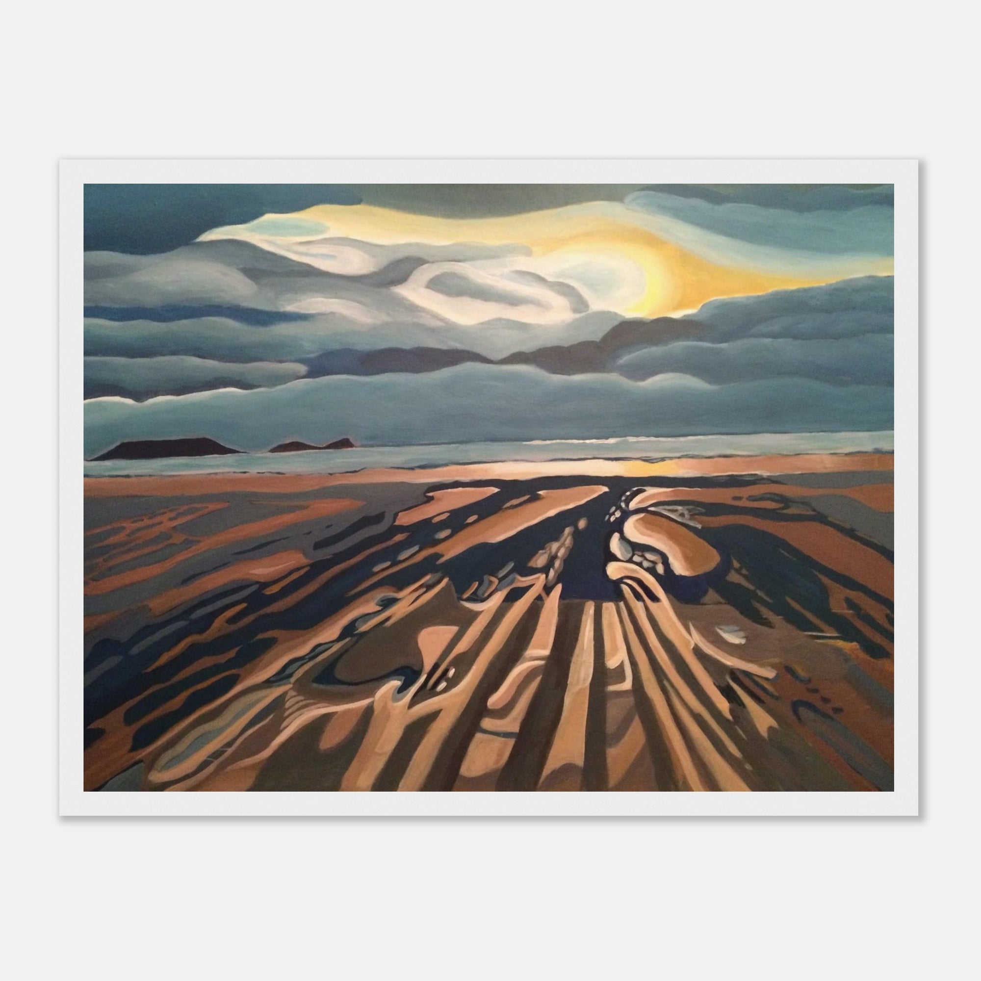Framed artwork of a stylized welsh landscape with a sun and mountains.
