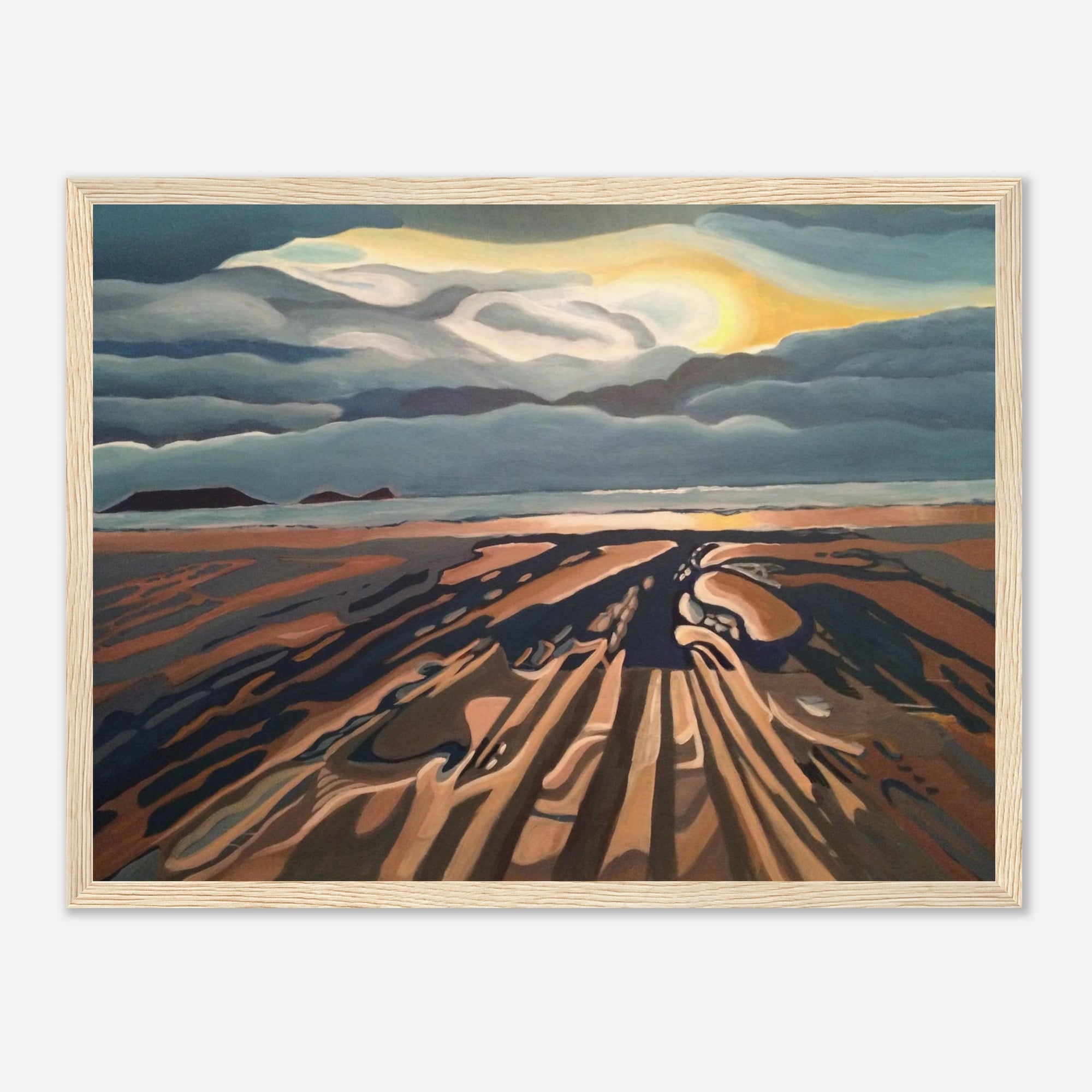 Framed artwork of Welsh landscape with a sunset over the horizon.